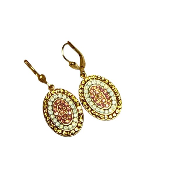 Gold Oval Dangle Earrings with Colorful Crystal Rhinestone Accents - Picture 5 of 6